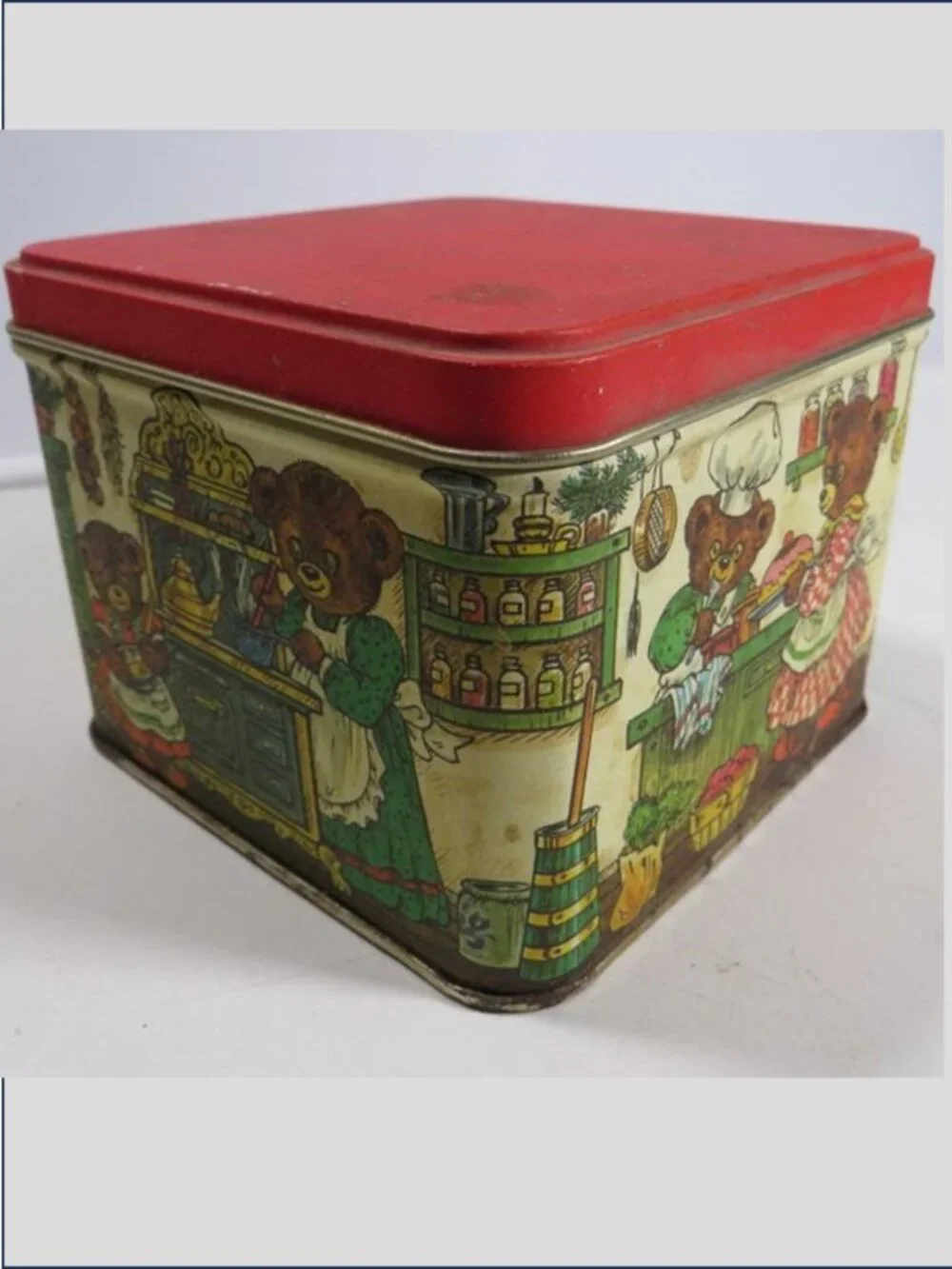 Vintage Teddy Bears in Kitchen Tin Container Square Holiday Metal Box Storage